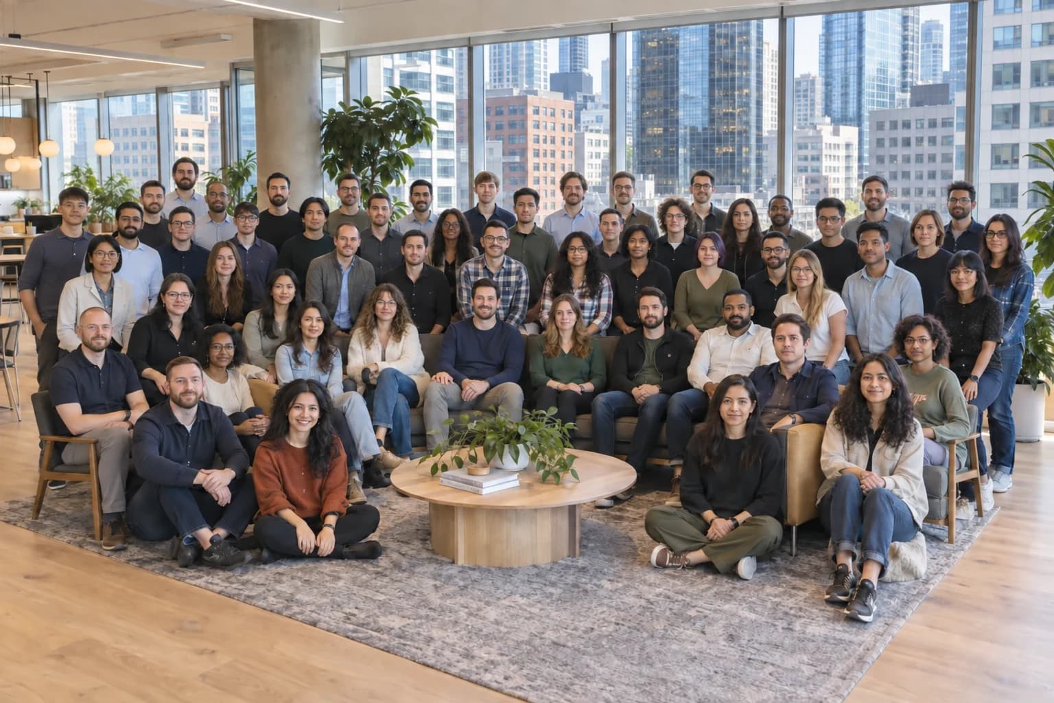 A software startup team with a mix of relaxed and smiling expressions, gathered in a modern Seattle office among downtown buildings.